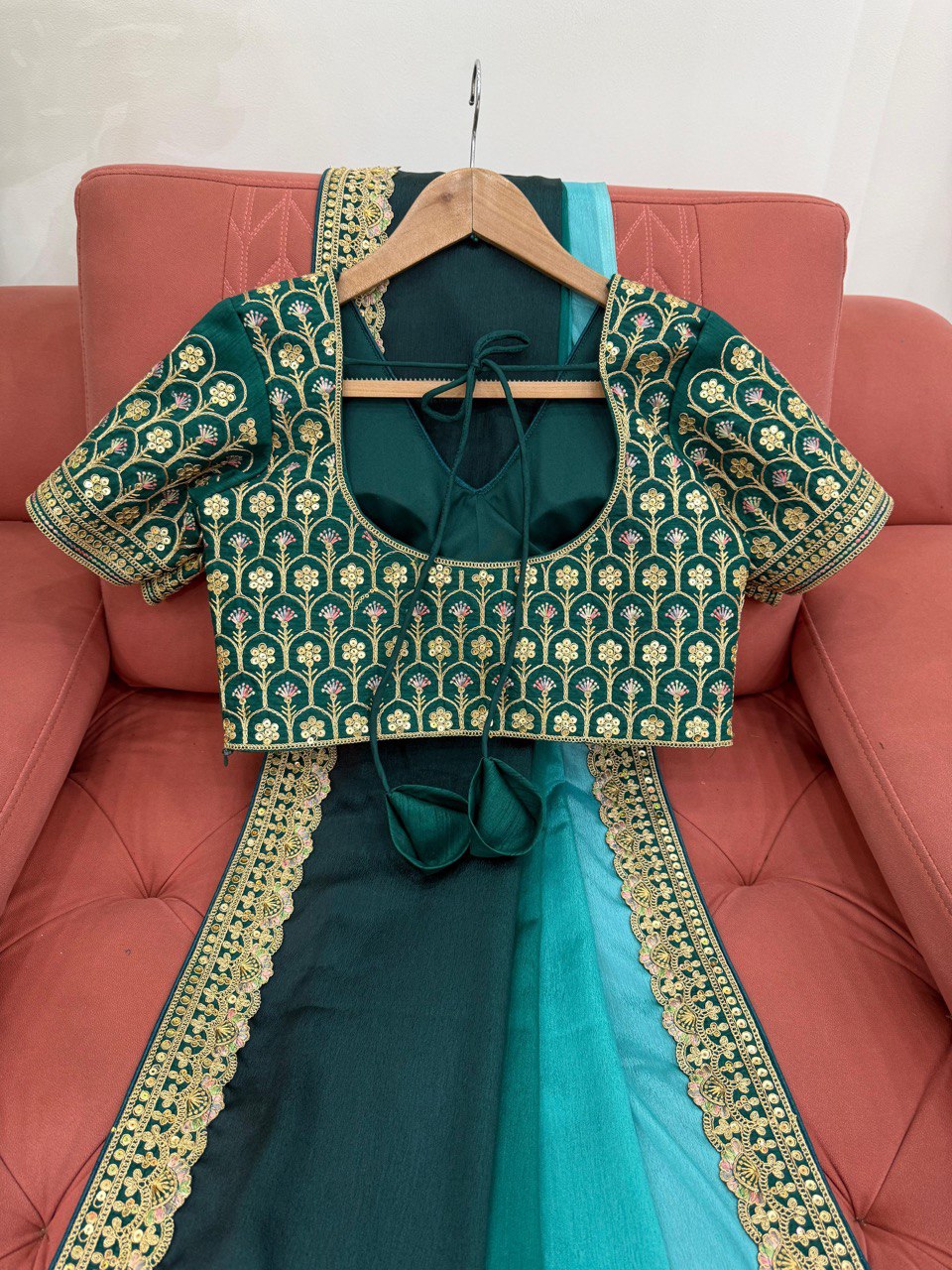 Sky And Rama Colour Chinon Silk Thred With Sequnce Lace Work Saree