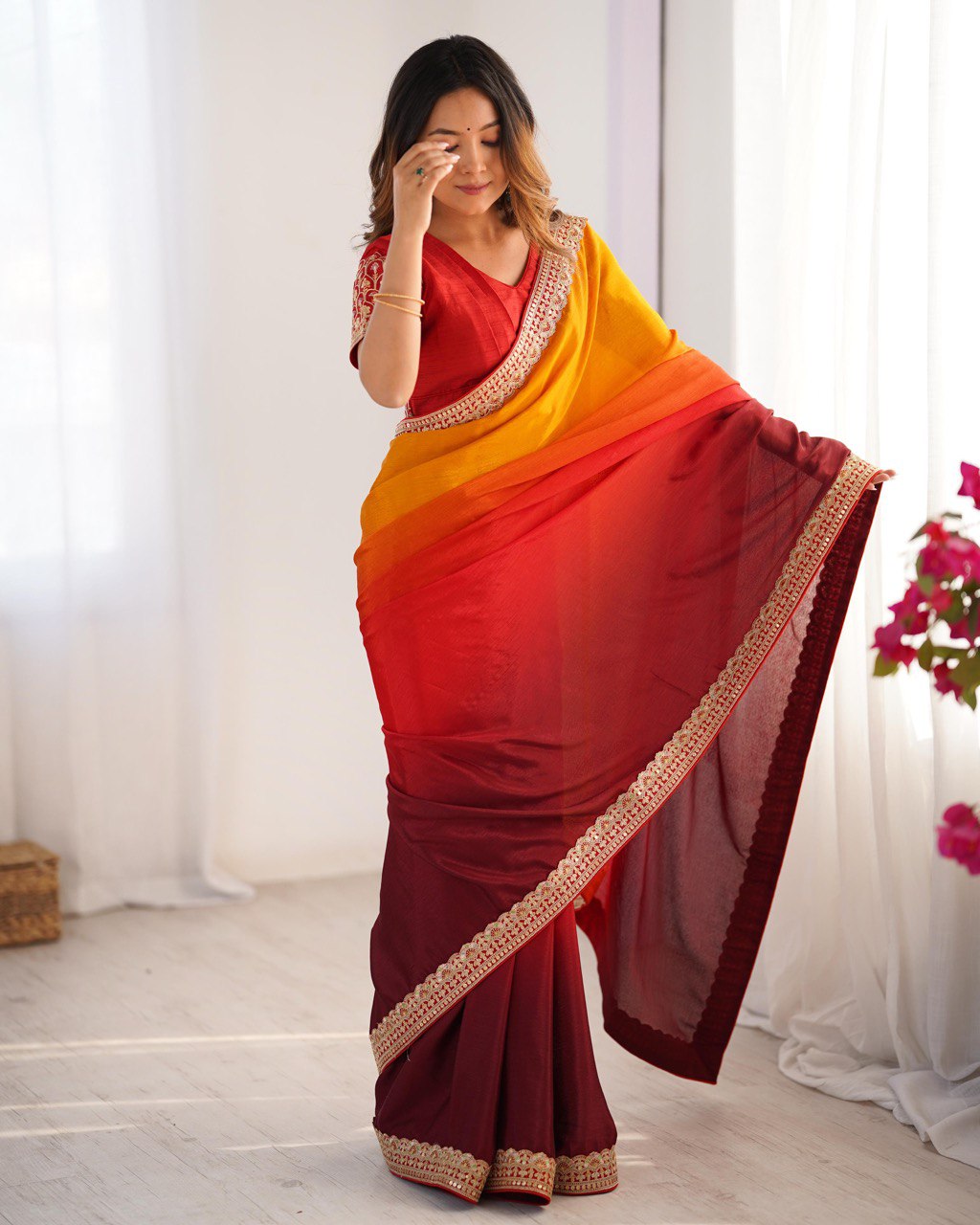 Orange And Maroon Colour Chinon Silk Thred With Sequnce Lace Work Saree