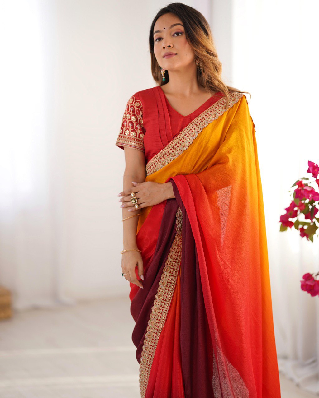 Orange And Maroon Colour Chinon Silk Thred With Sequnce Lace Work Saree