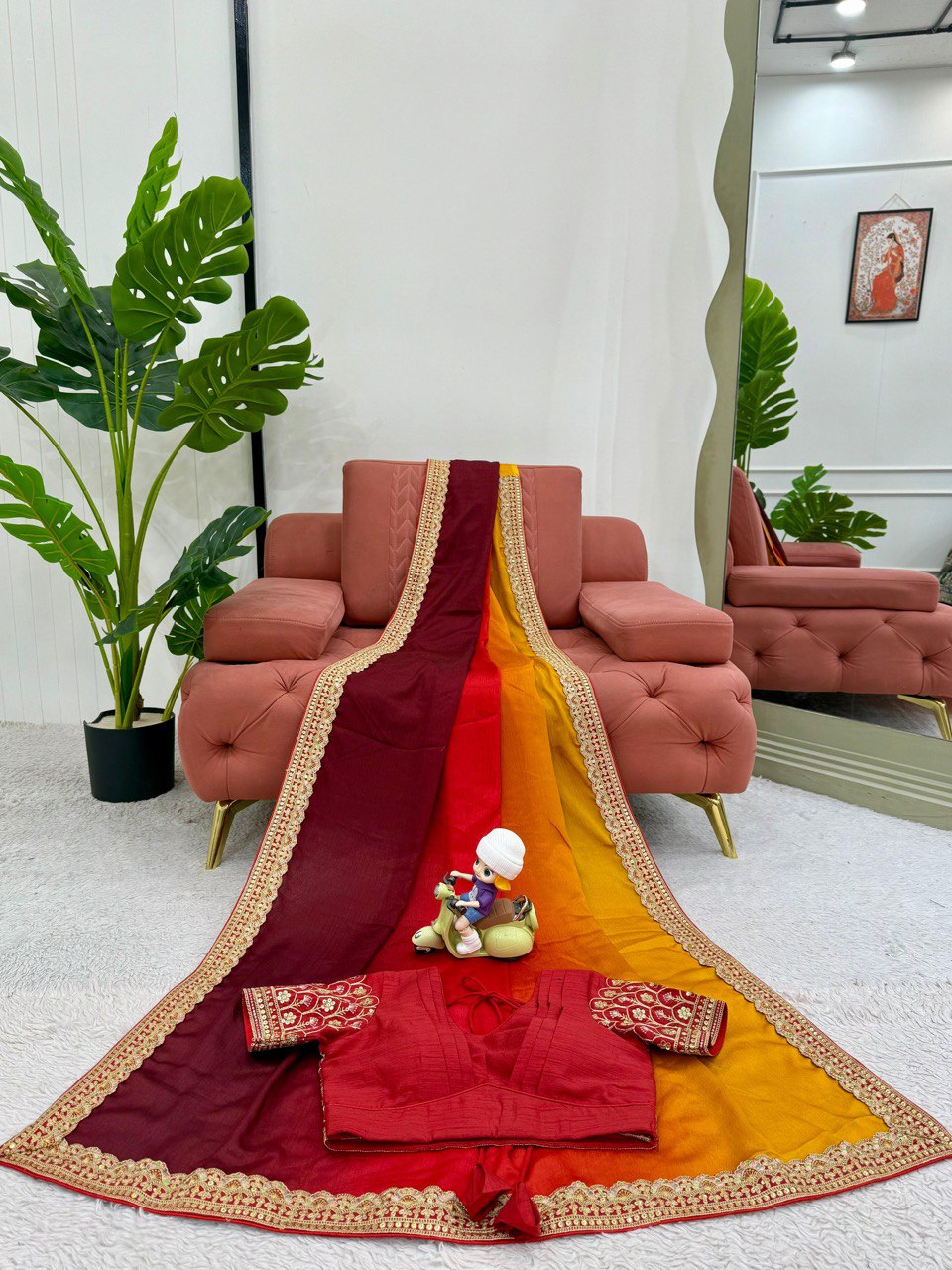 Orange And Maroon Colour Chinon Silk Thred With Sequnce Lace Work Saree