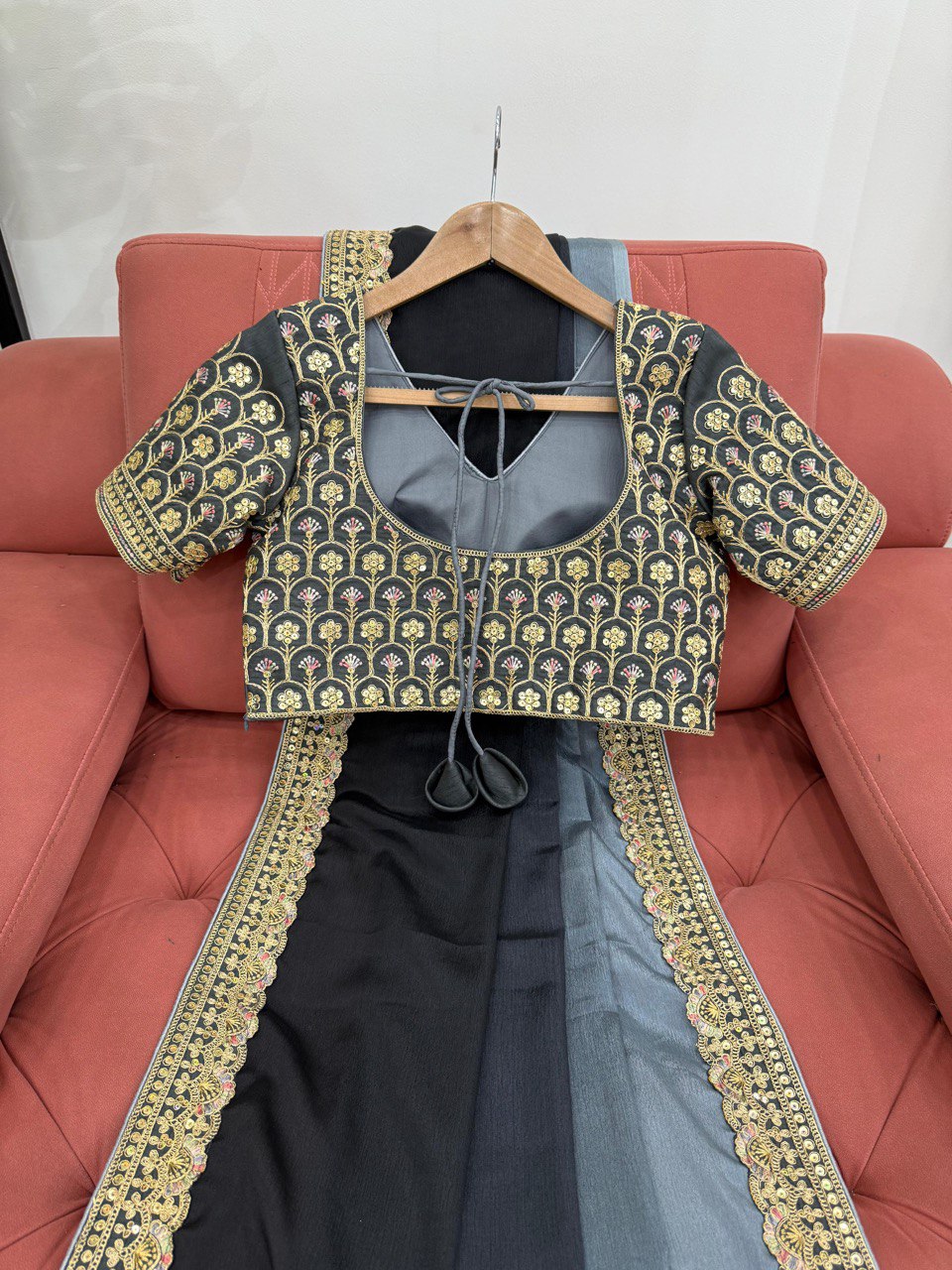 Black And Grey Colour Chinon Silk Thred With Sequnce Lace Work Saree