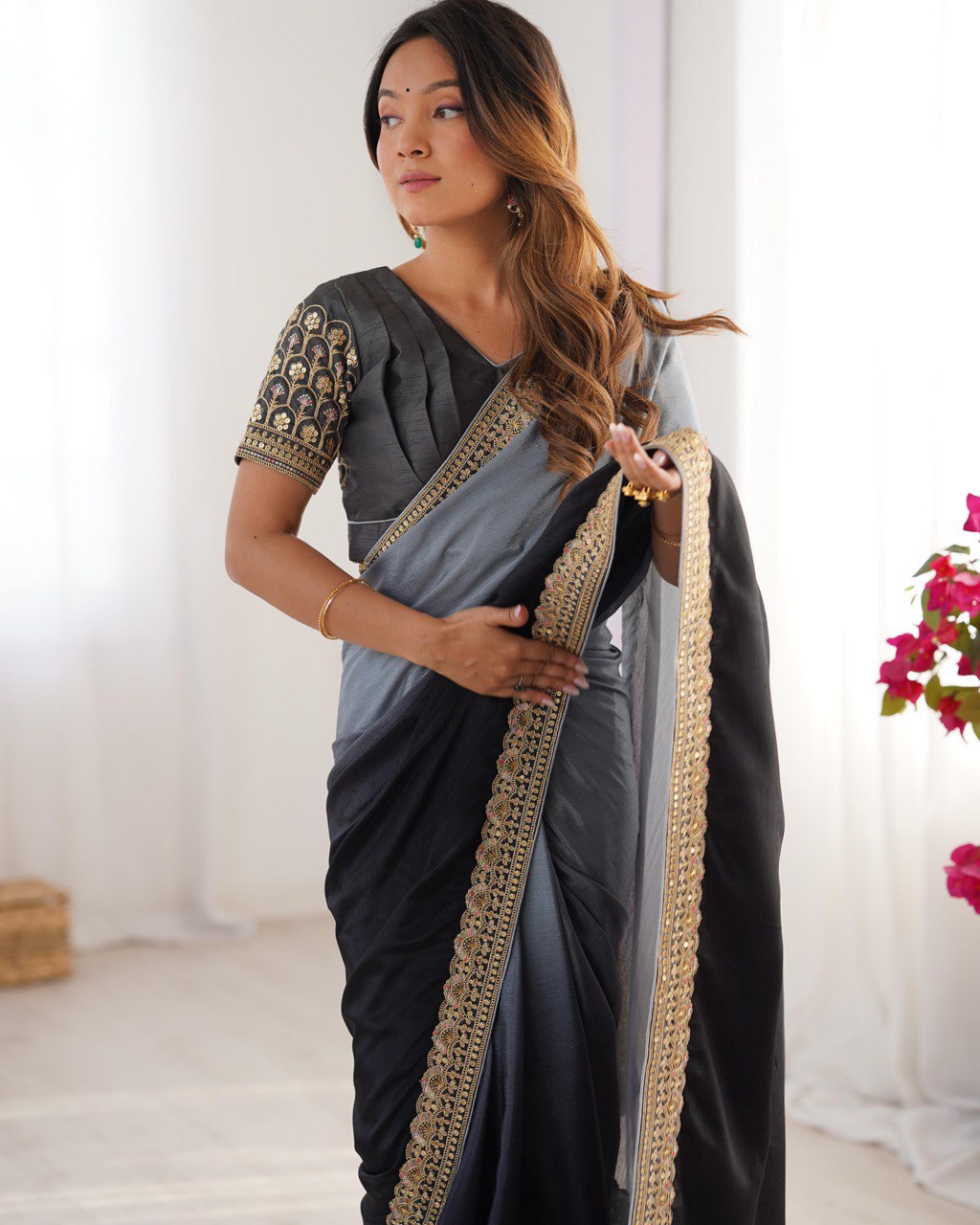 Black And Grey Colour Chinon Silk Thred With Sequnce Lace Work Saree