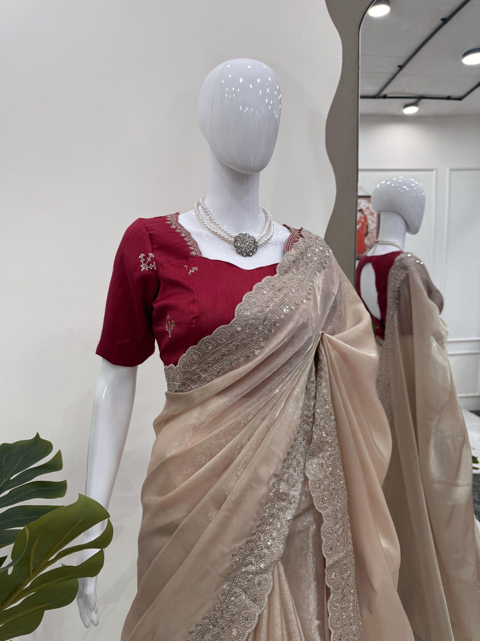Cream Colour Jimmy Chuu Thred With Sequnce Work Saree