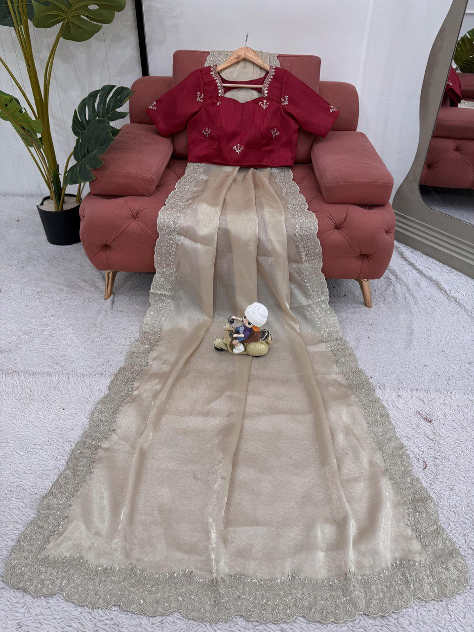 Cream Colour Jimmy Chuu Thred With Sequnce Work Saree
