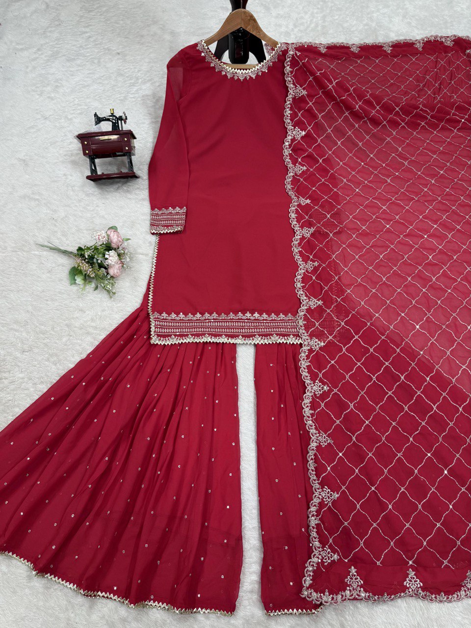 Foux Gorgette Thread With Sequnce Work Sharara Suit With Hevy Embroidery Dupatta