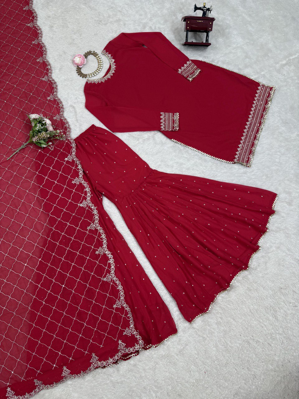 Foux Gorgette Thread With Sequnce Work Sharara Suit With Hevy Embroidery Dupatta