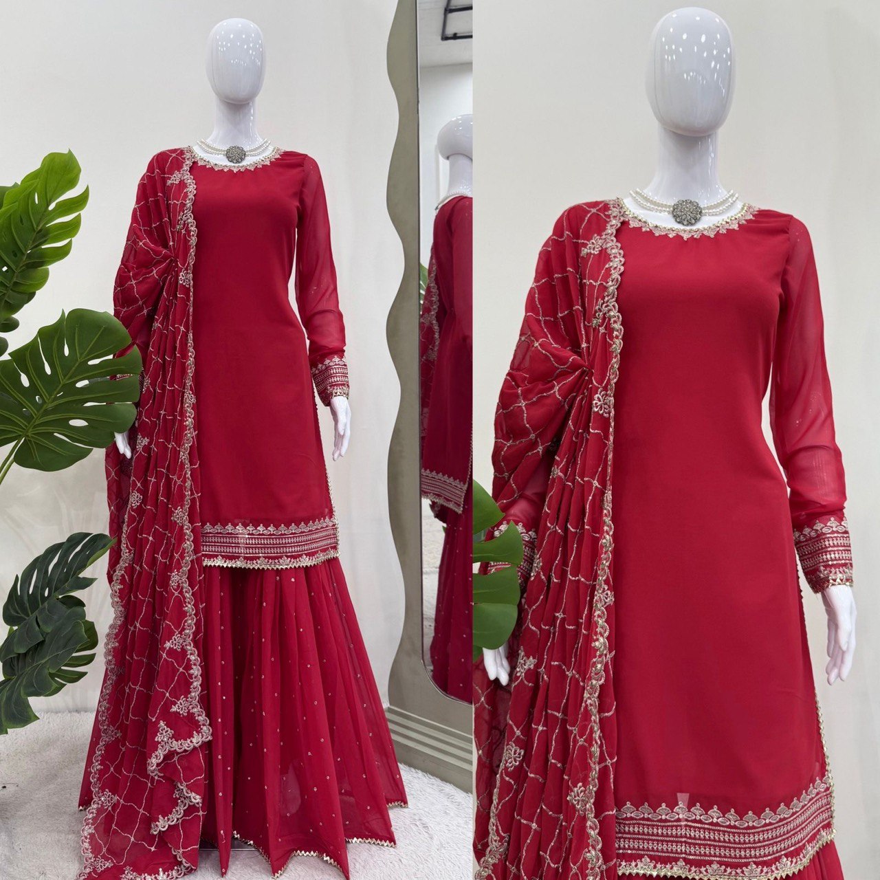 Foux Gorgette Thread With Sequnce Work Sharara Suit With Hevy Embroidery Dupatta