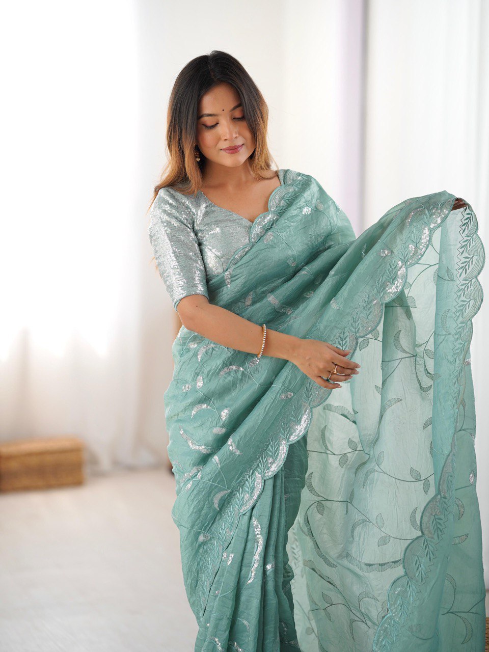 Stunning Gold Crush Sequnce Work Saree