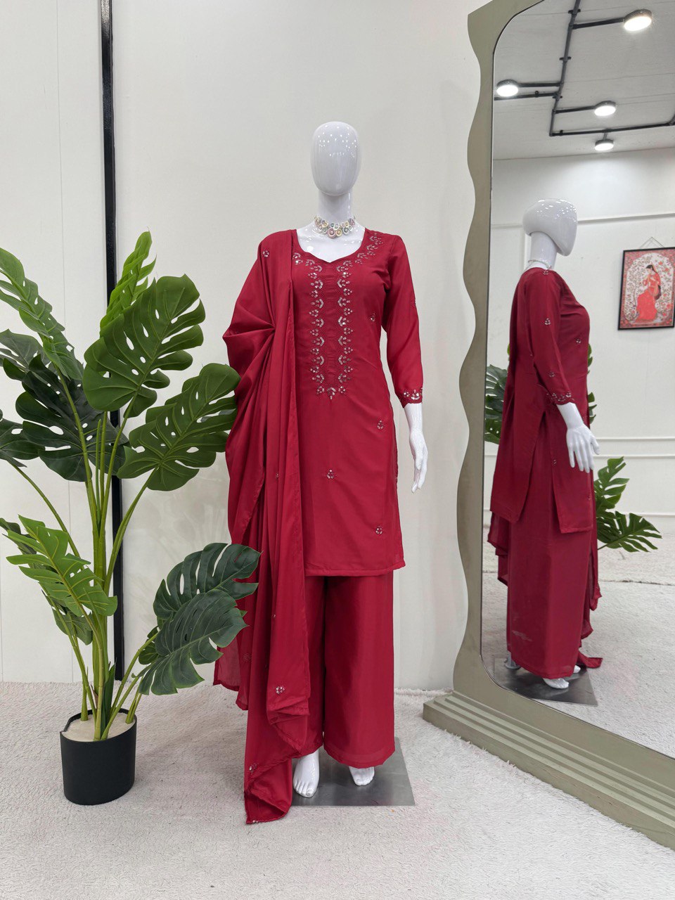Carrot Pink Chinon Silk Thread With Sequnce Work Dress