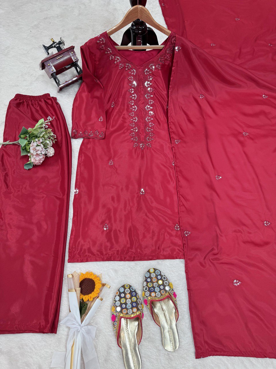 Carrot Pink Chinon Silk Thread With Sequnce Work Dress