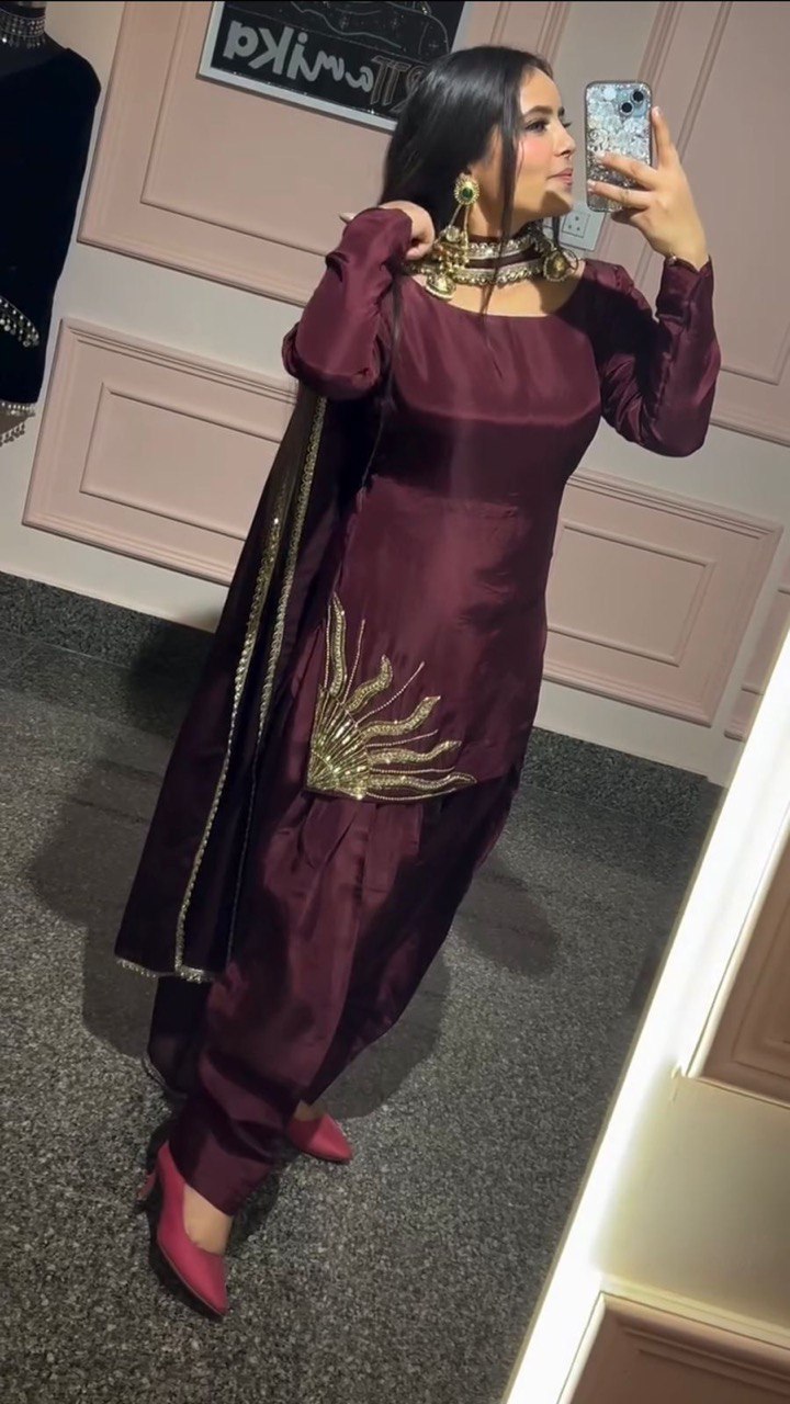 Natural Crep Silk Drak Wine Salwar Suit Full Stiched