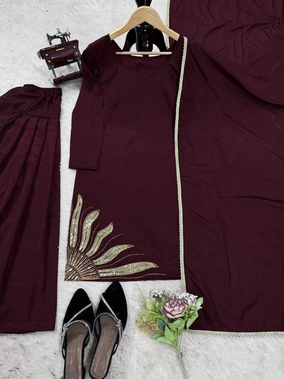 Natural Crep Silk Drak Wine Salwar Suit Full Stiched