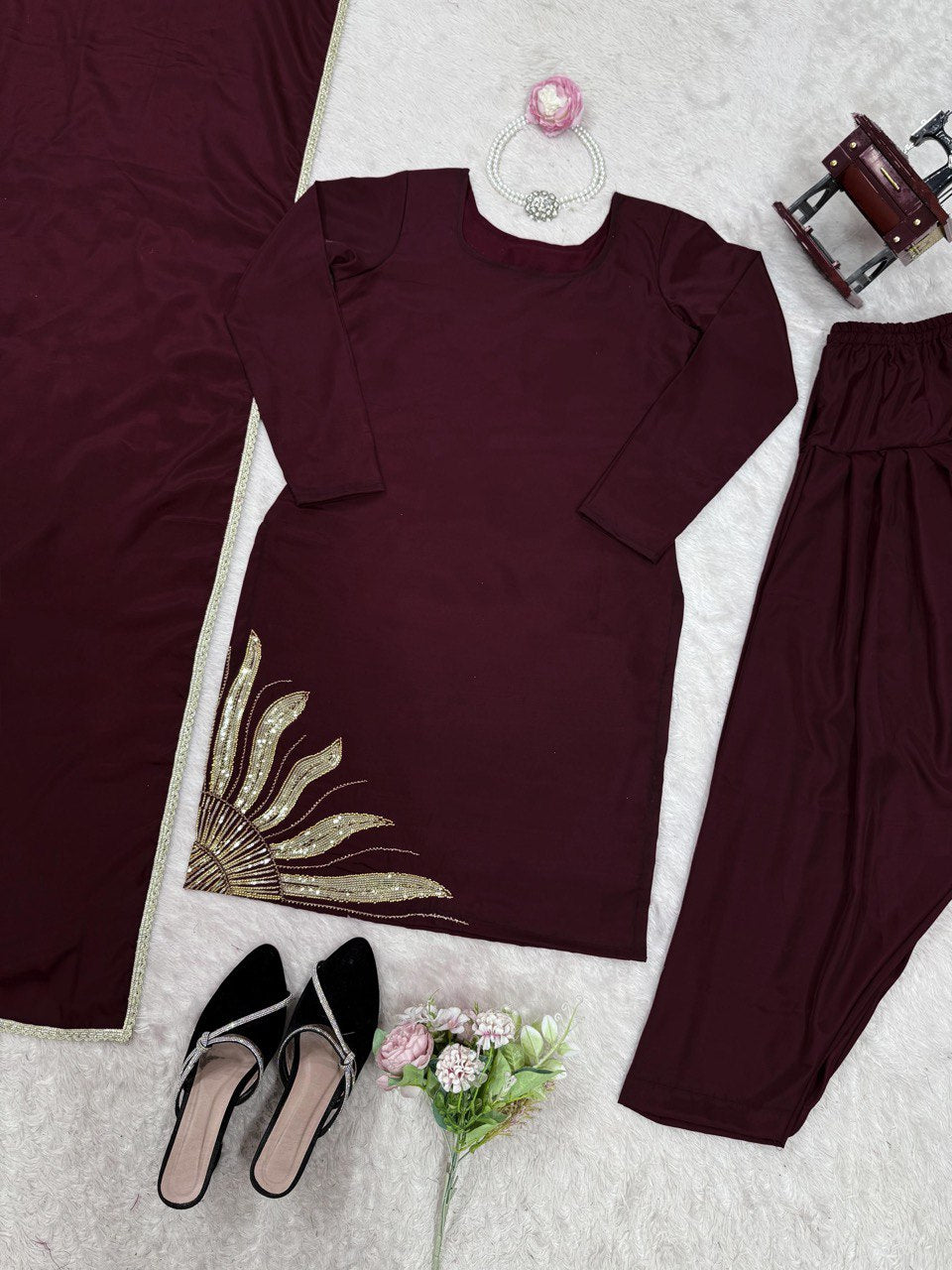 Natural Crep Silk Drak Wine Salwar Suit Full Stiched