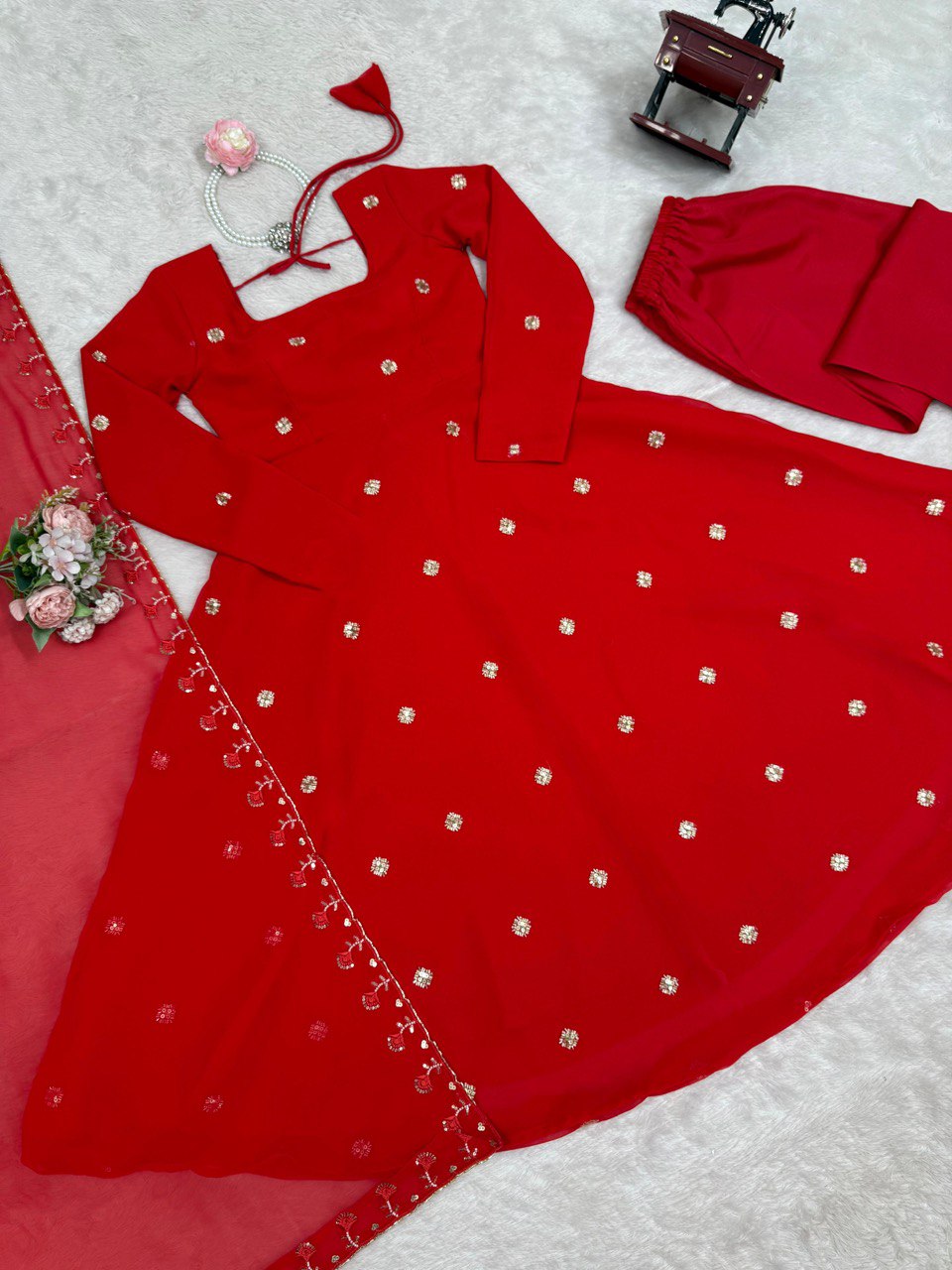 Foux Georgette Beads With Moti Work Red Colour Wedding Wear Dress