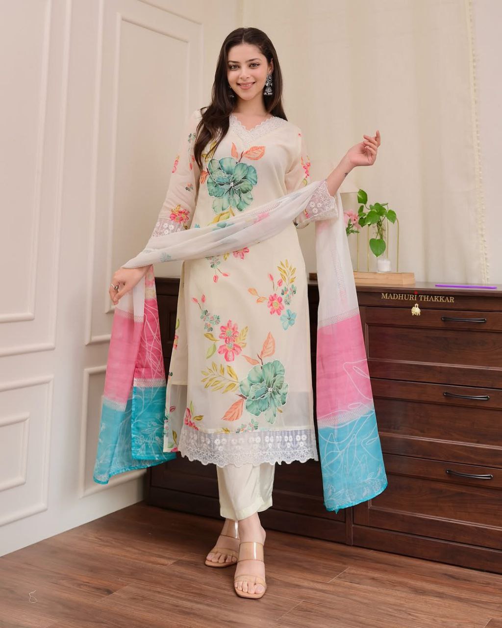 Digital Print With Full Handwork Off White Colour 3 Pise