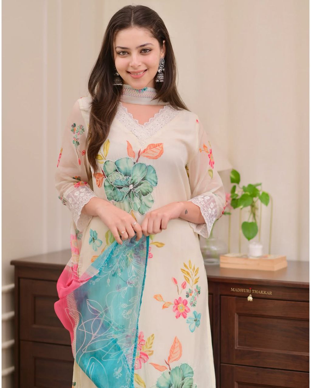 Digital Print With Full Handwork Off White Colour 3 Pise