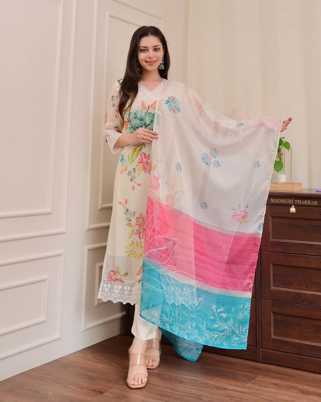 Digital Print With Full Handwork Off White Colour 3 Pise