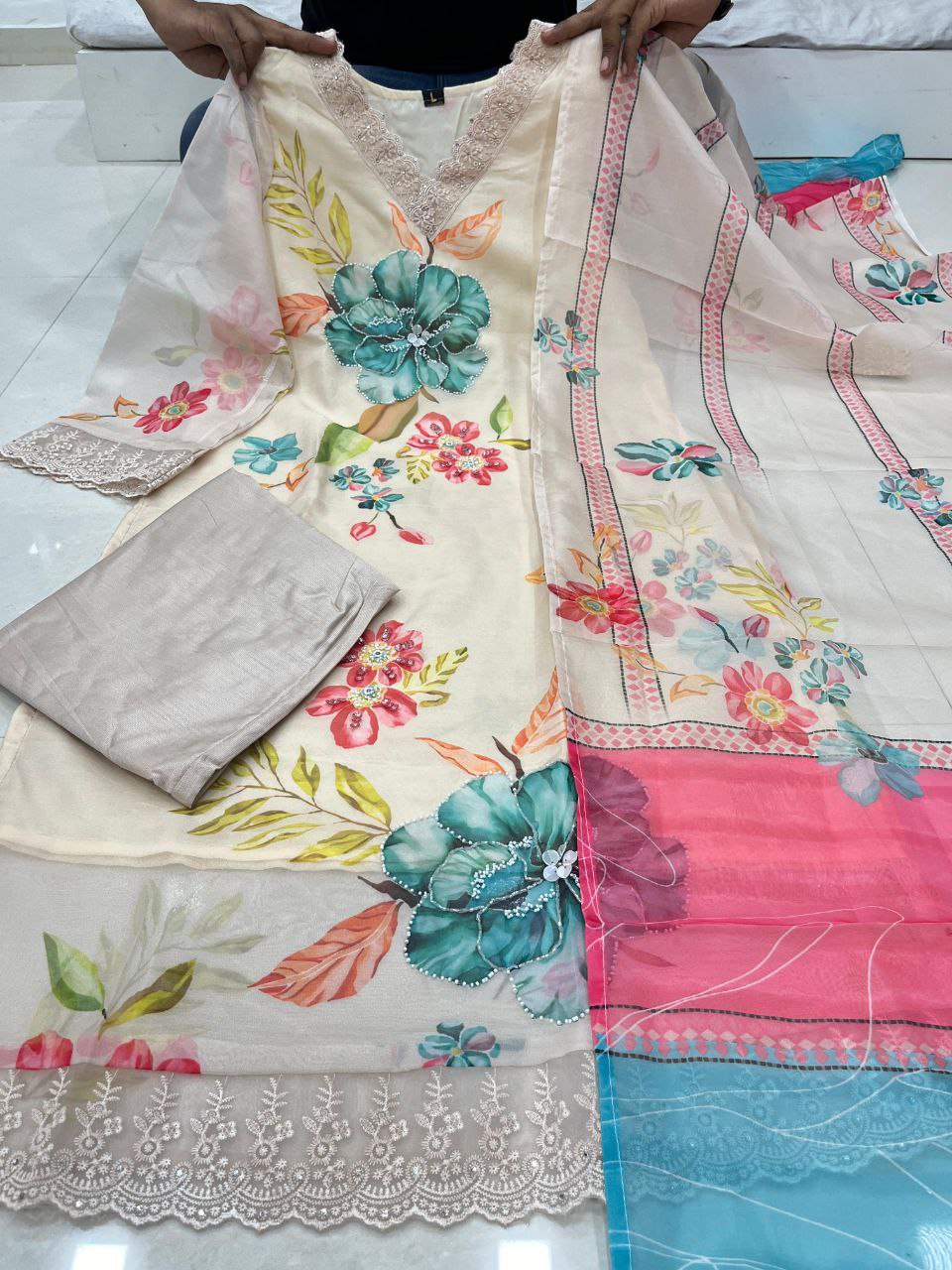 Digital Print With Full Handwork Off White Colour 3 Pise