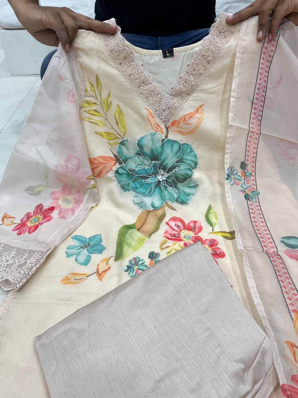 Digital Print With Full Handwork Off White Colour 3 Pise