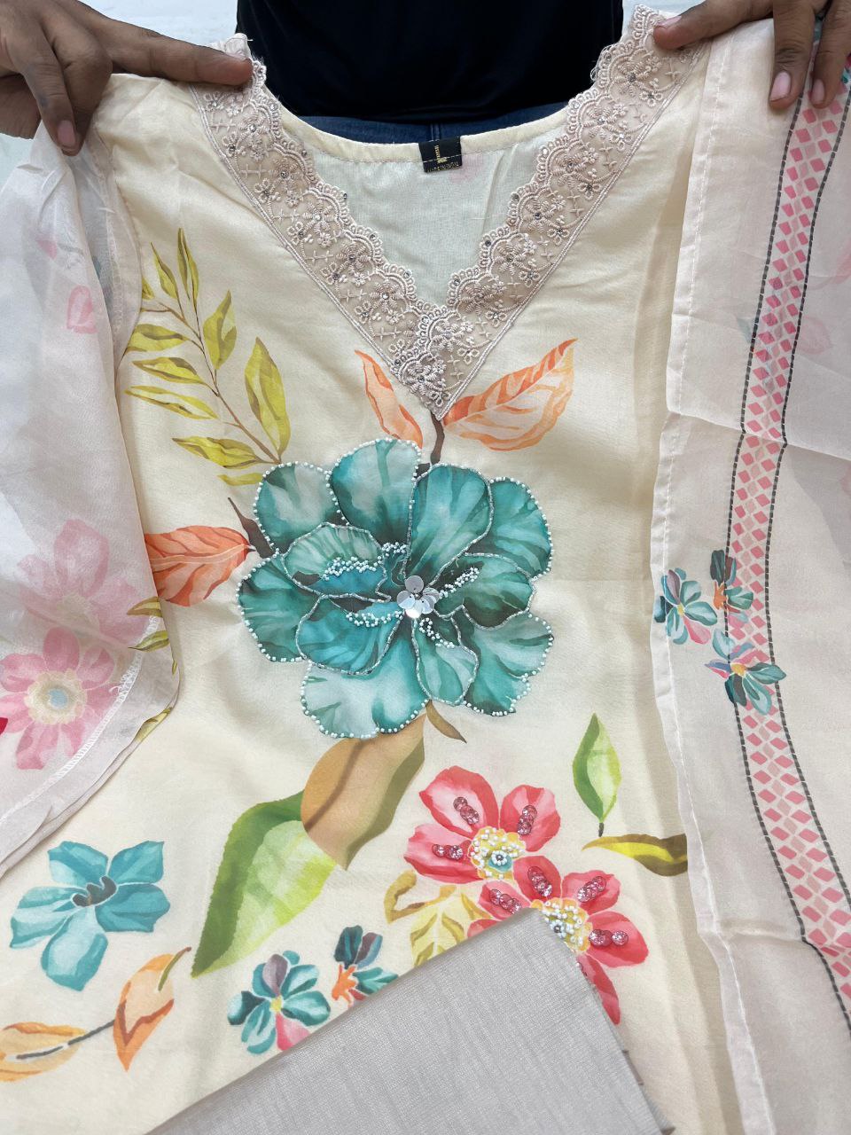 Digital Print With Full Handwork Off White Colour 3 Pise