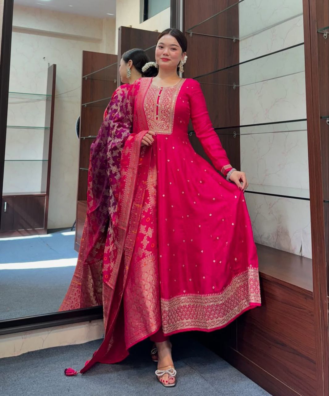 Occasion Wear Pink Anarkali Flared Kurti Pant Dupatta Set