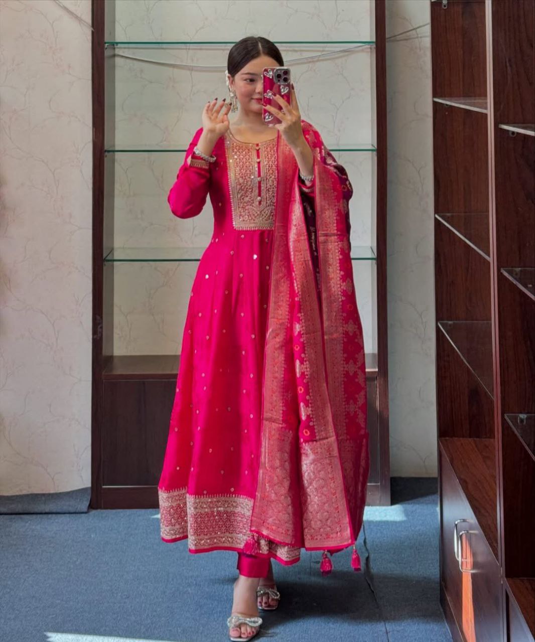 Occasion Wear Pink Anarkali Flared Kurti Pant Dupatta Set