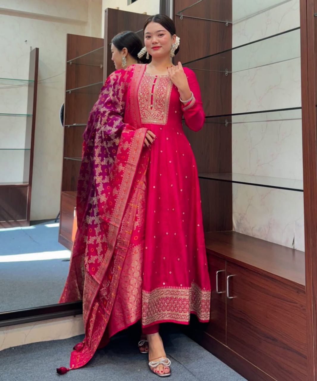Occasion Wear Pink Anarkali Flared Kurti Pant Dupatta Set
