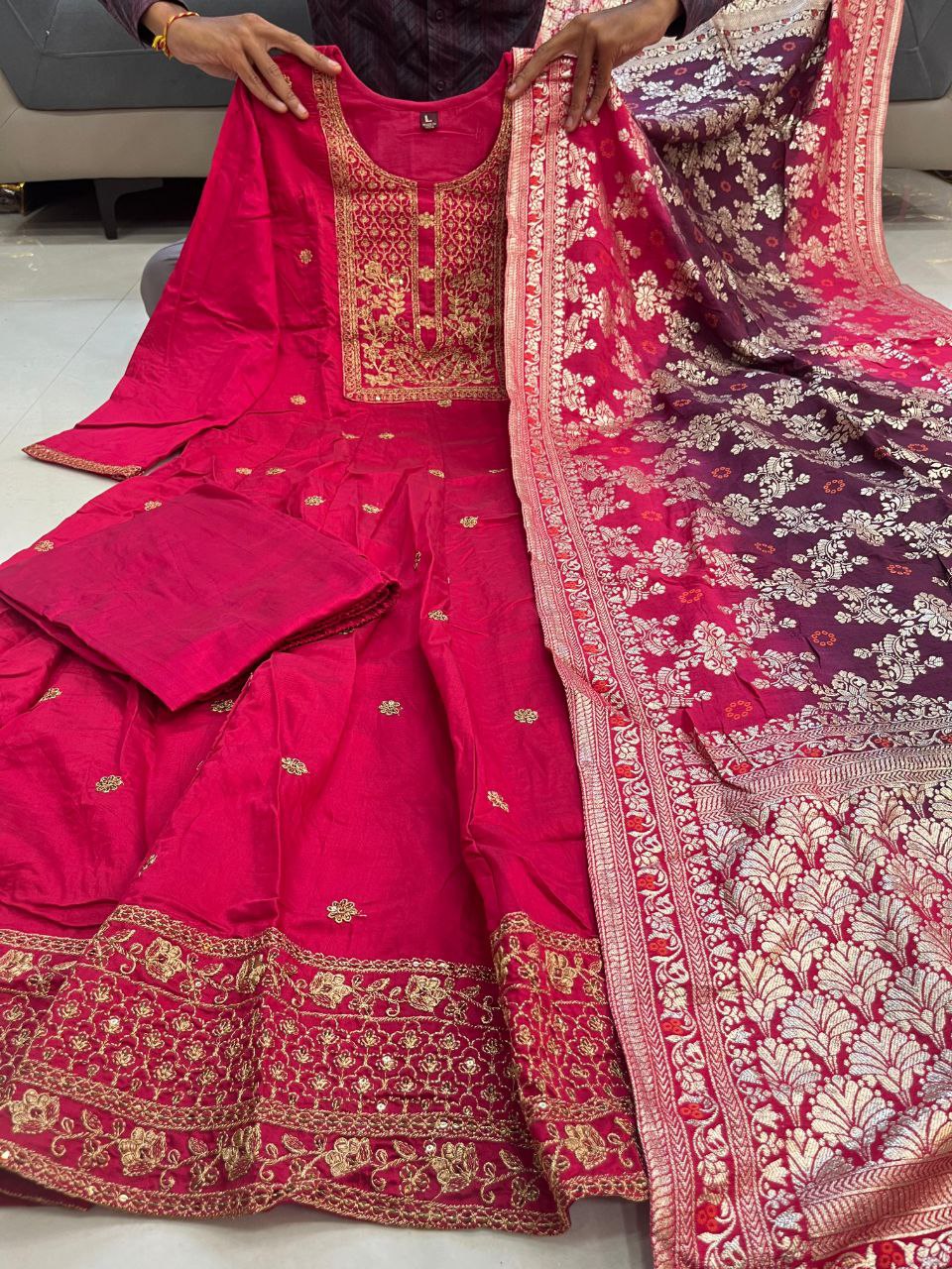 Occasion Wear Pink Anarkali Flared Kurti Pant Dupatta Set