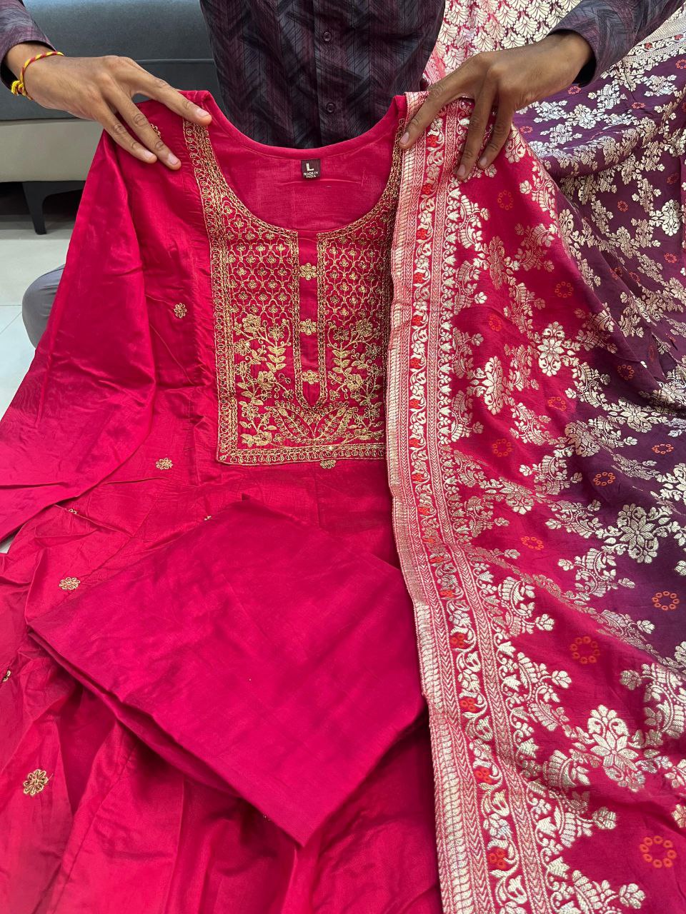 Occasion Wear Pink Anarkali Flared Kurti Pant Dupatta Set