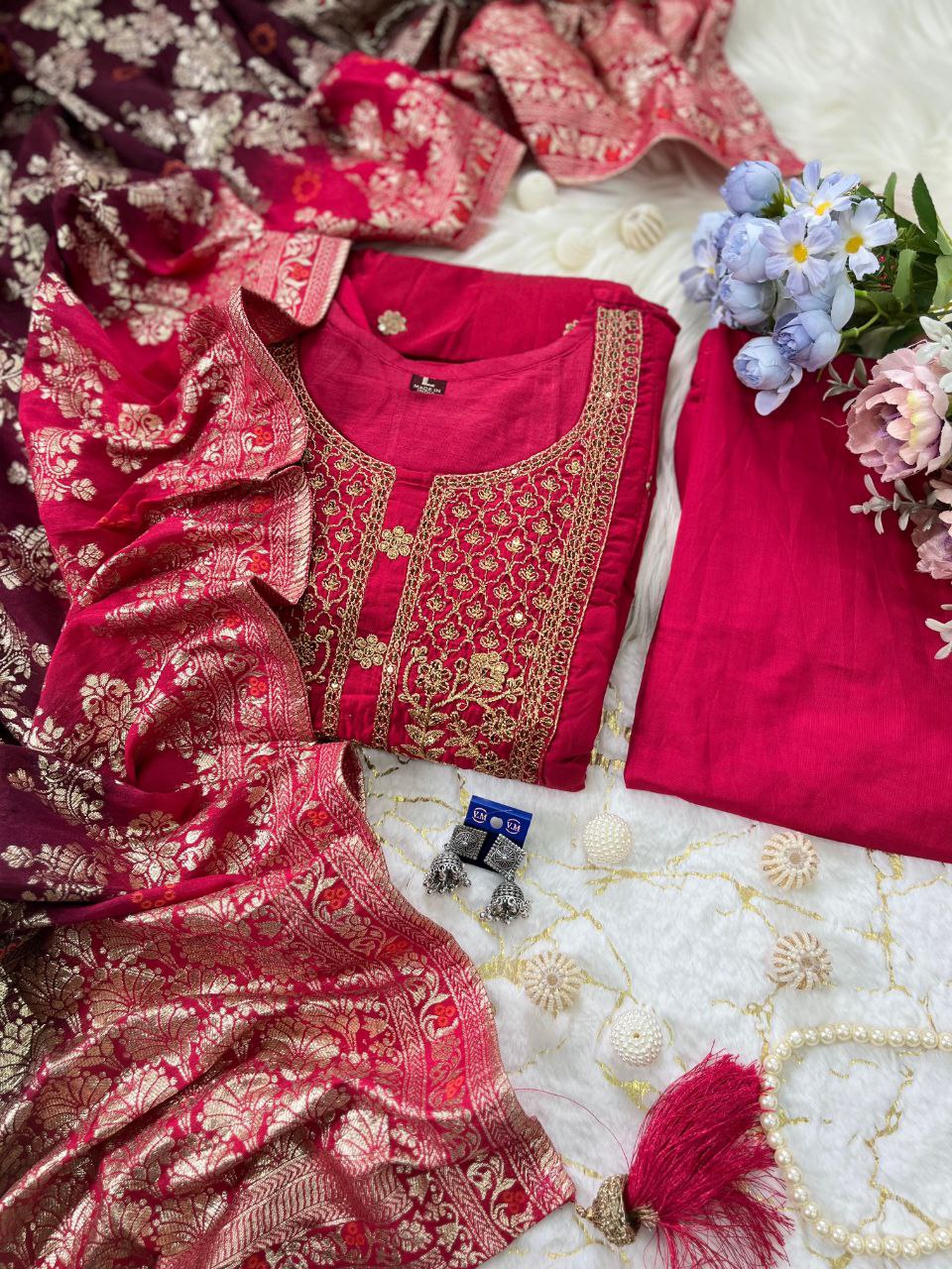 Occasion Wear Pink Anarkali Flared Kurti Pant Dupatta Set