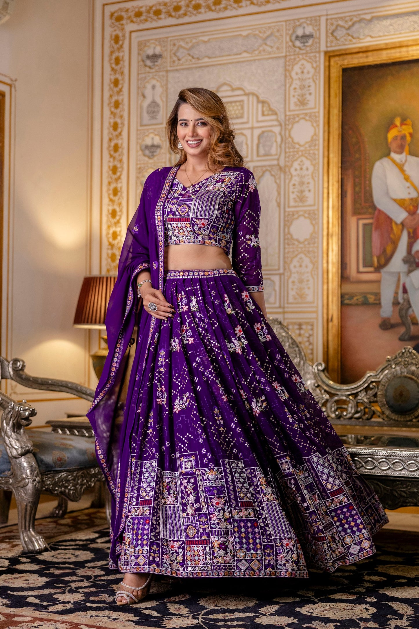 Purple Georgette Heavy Thread Sequins Work Lehenga Choli