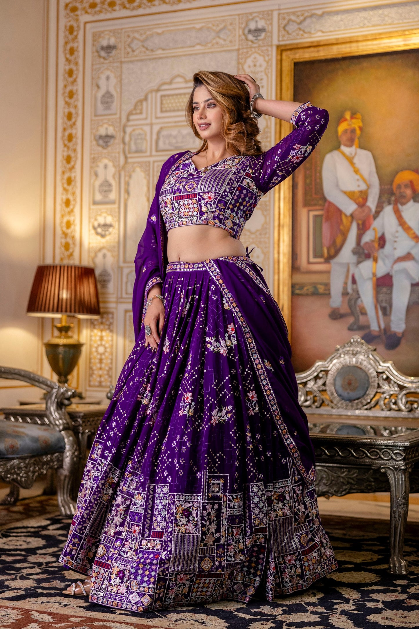 Purple Georgette Heavy Thread Sequins Work Lehenga Choli