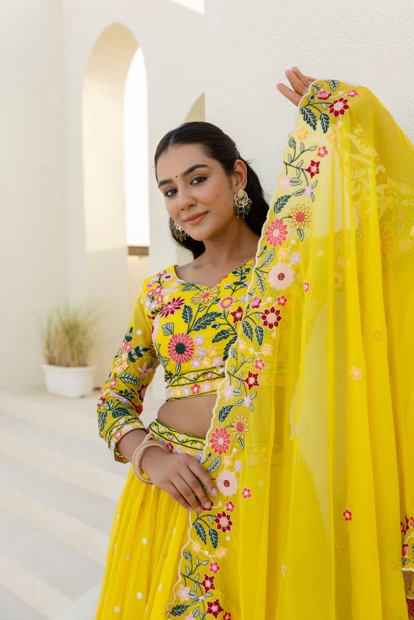 Lemon Yellow Colour Organza Heavy Floral Thread Sequins Wrok Lehenga Choli