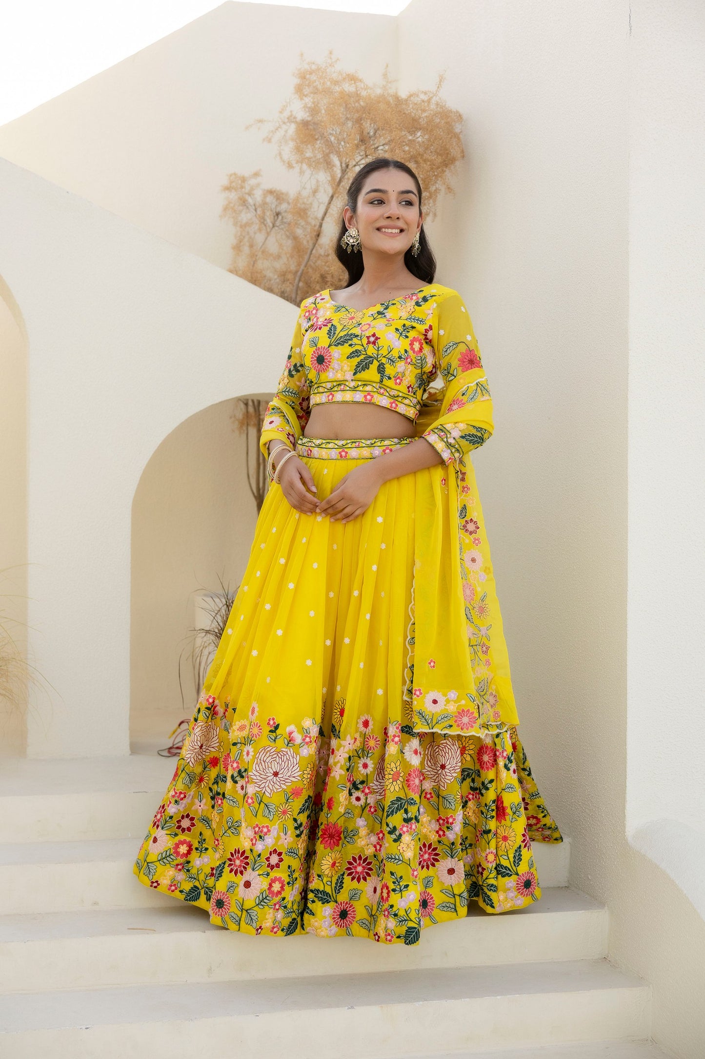 Lemon Yellow Colour Organza Heavy Floral Thread Sequins Wrok Lehenga Choli