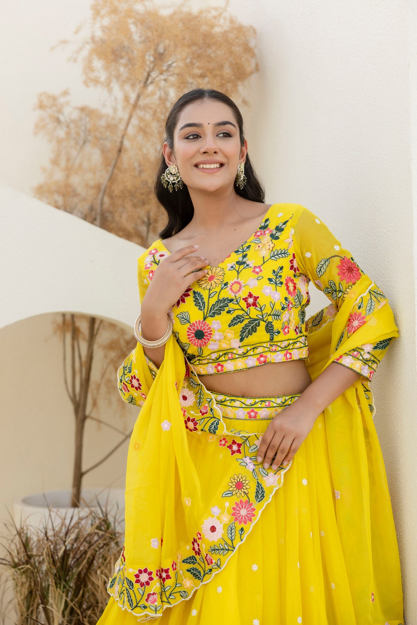 Lemon Yellow Colour Organza Heavy Floral Thread Sequins Wrok Lehenga Choli