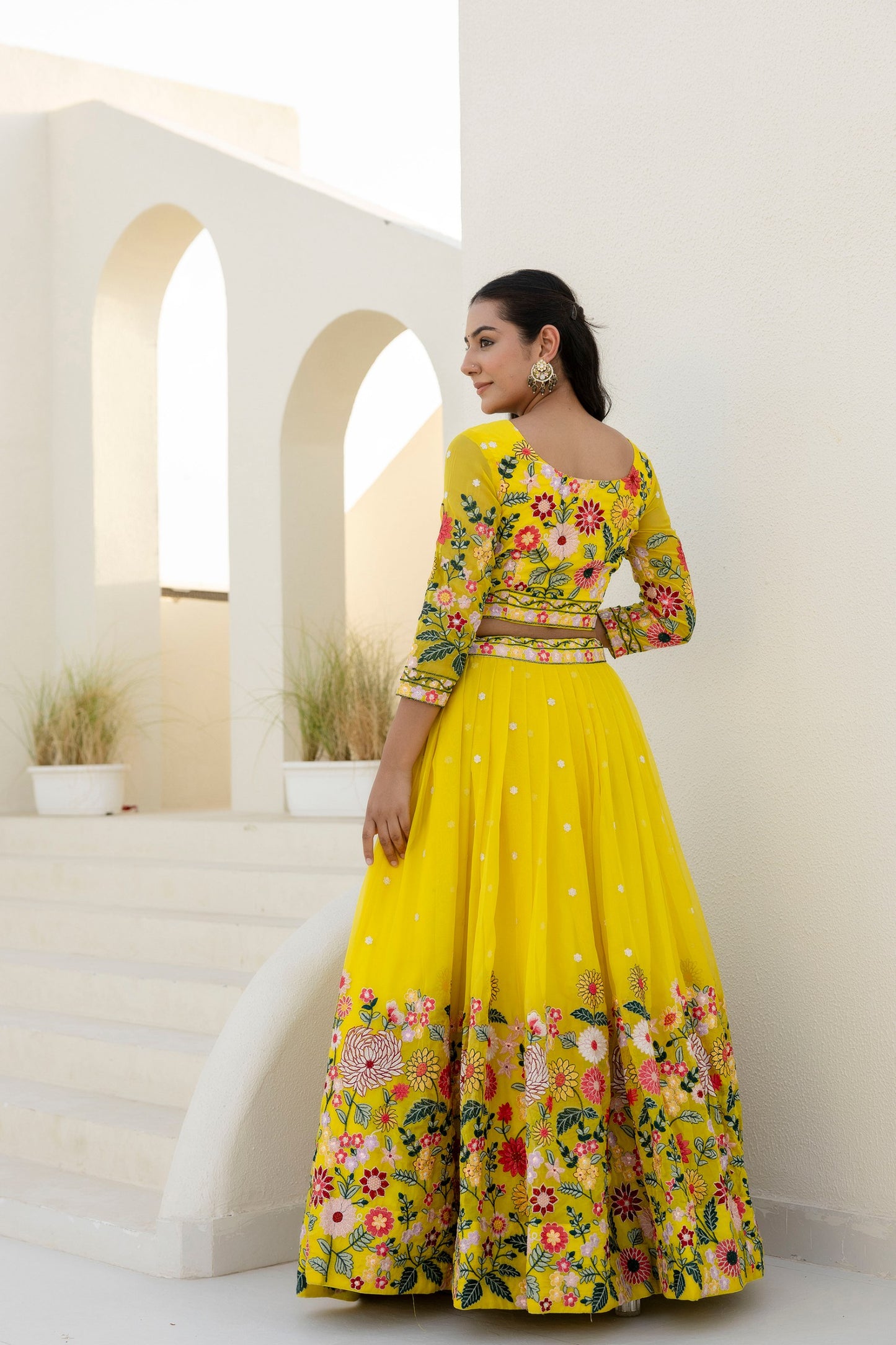Lemon Yellow Colour Organza Heavy Floral Thread Sequins Wrok Lehenga Choli