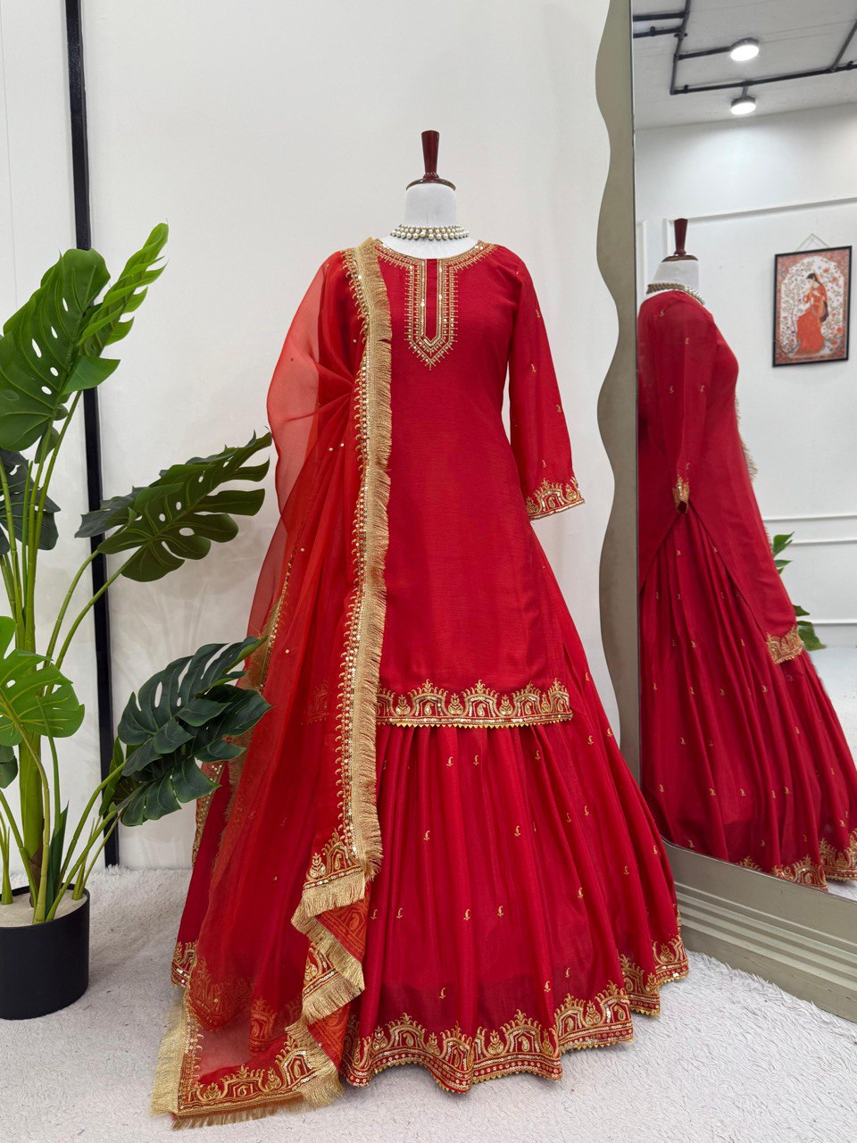 Red Colour Chinon Silk Lehenga Top With Duptta Heavy Border