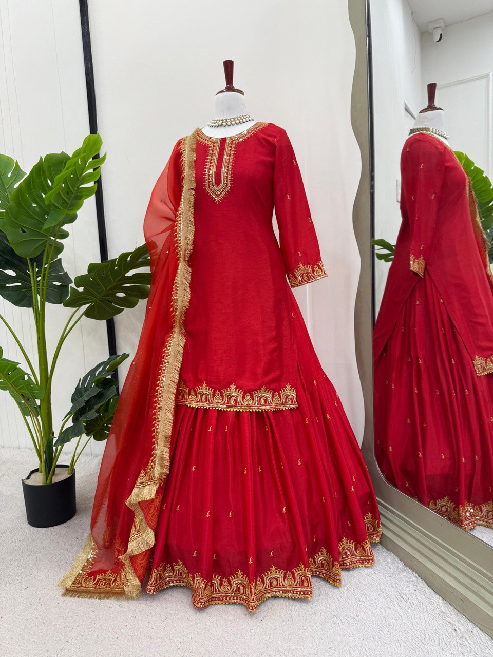 Red Colour Chinon Silk Lehenga Top With Duptta Heavy Border