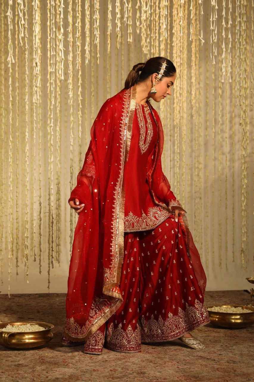 Red Colour Chinon Silk Lehenga Top With Duptta Heavy Border