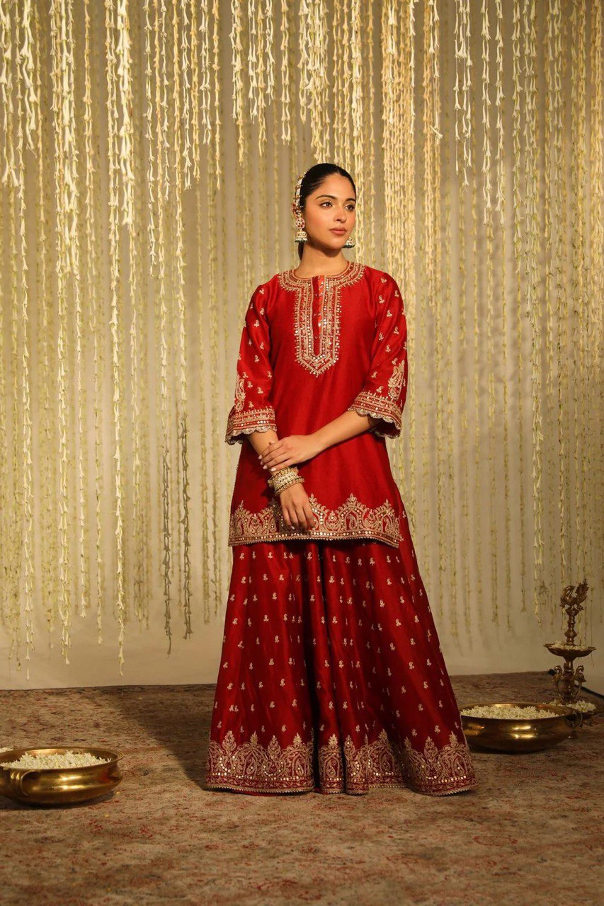 Red Colour Chinon Silk Lehenga Top With Duptta Heavy Border