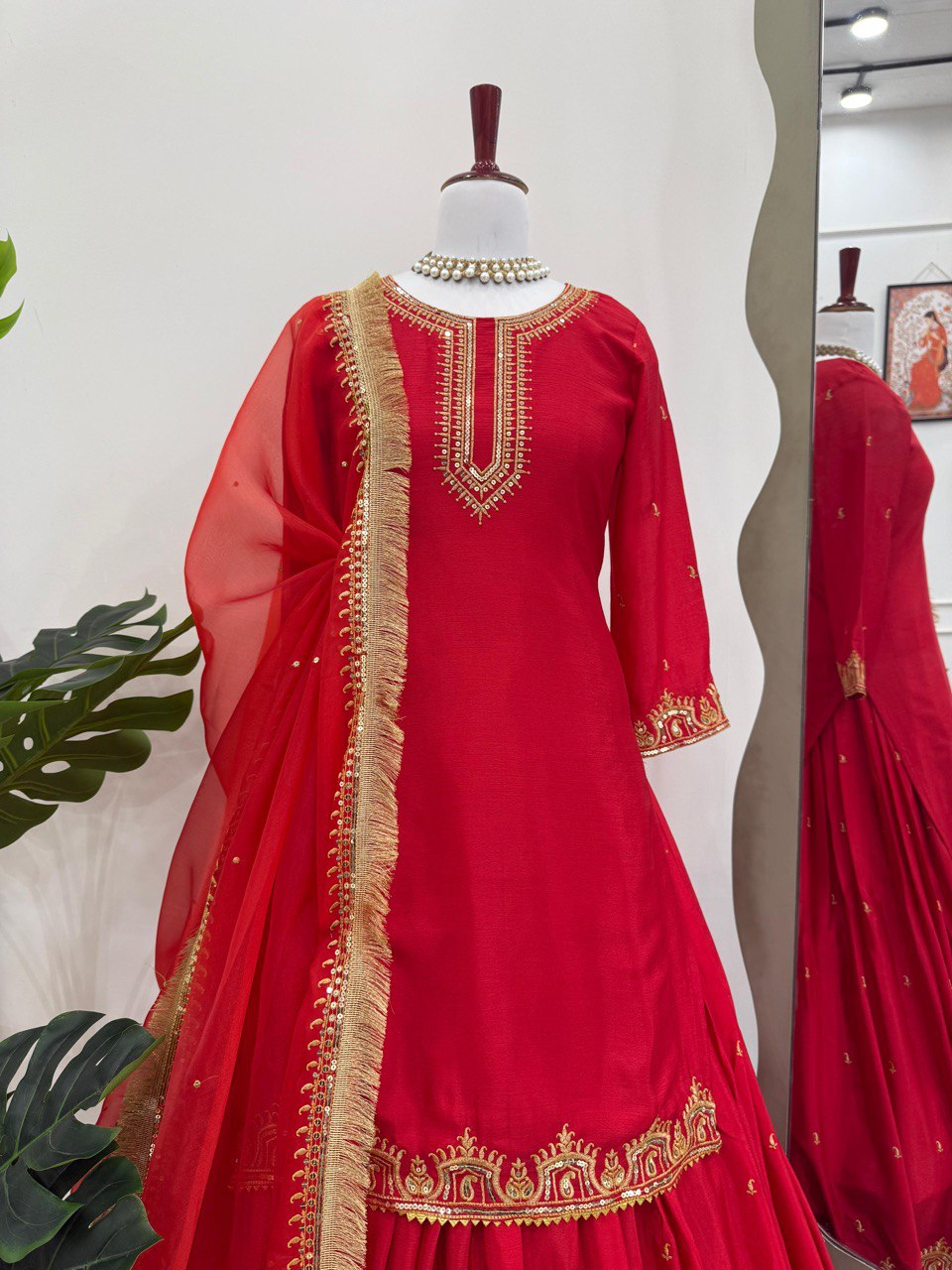 Red Colour Chinon Silk Lehenga Top With Duptta Heavy Border