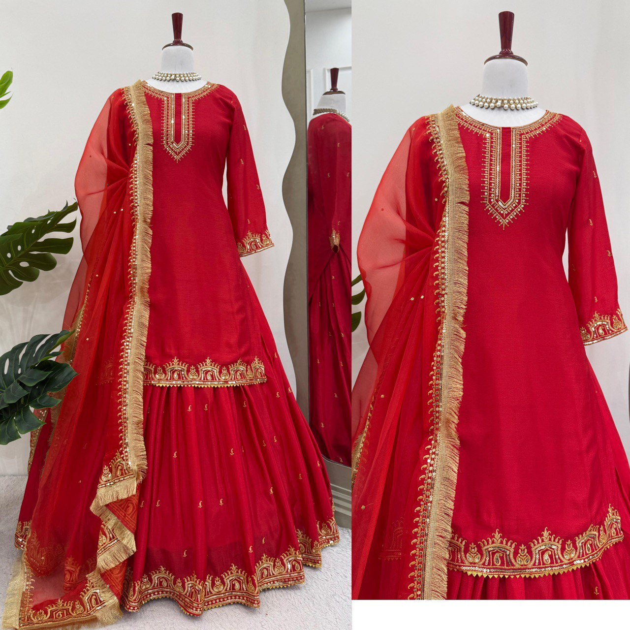 Red Colour Chinon Silk Lehenga Top With Duptta Heavy Border