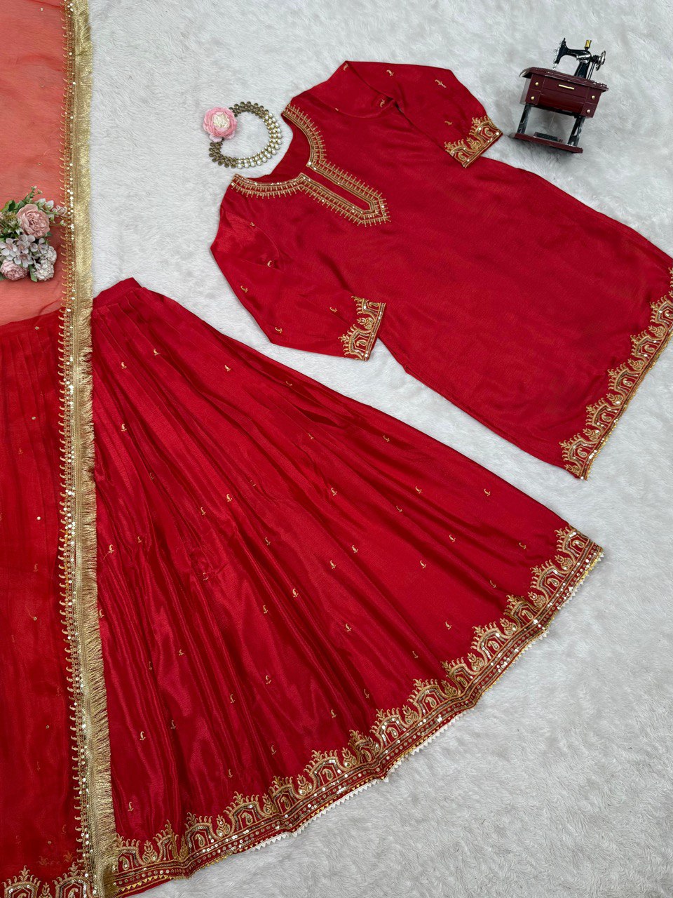 Red Colour Chinon Silk Lehenga Top With Duptta Heavy Border
