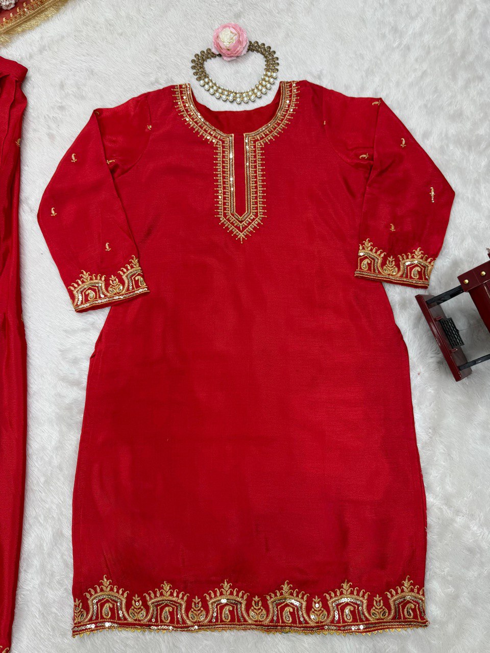 Red Colour Chinon Silk Lehenga Top With Duptta Heavy Border