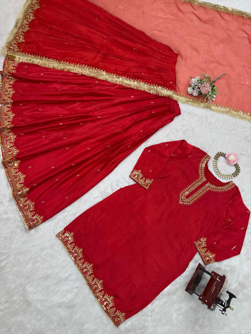 Red Colour Chinon Silk Lehenga Top With Duptta Heavy Border