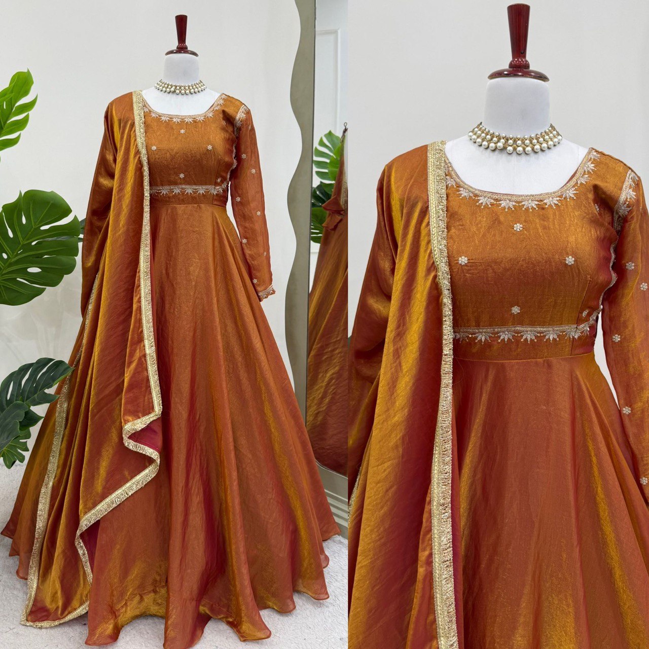 New Arrival Fendi Silk Thread & Sequence Work Gown Bottom With Dupatta