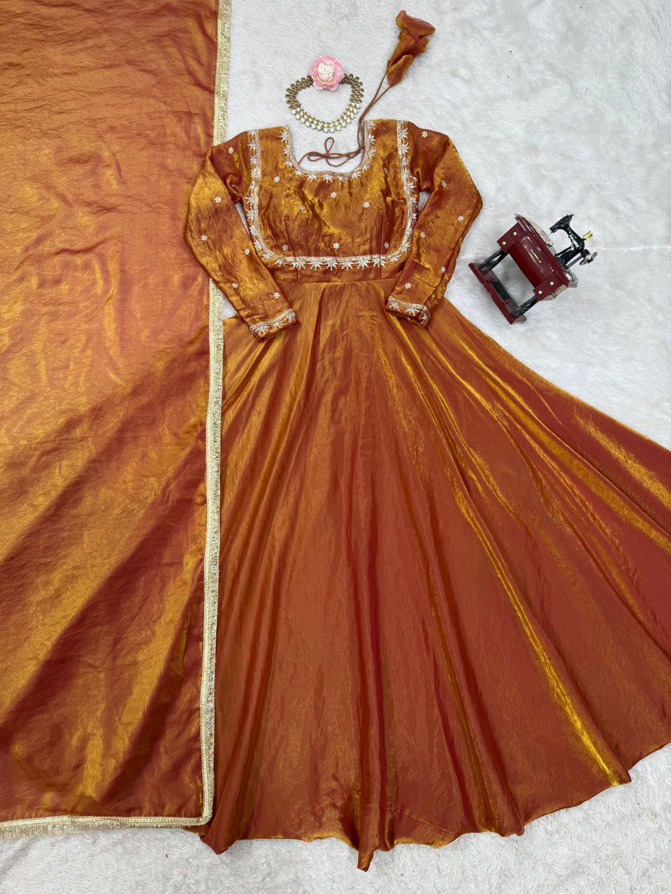 New Arrival Fendi Silk Thread & Sequence Work Gown Bottom With Dupatta