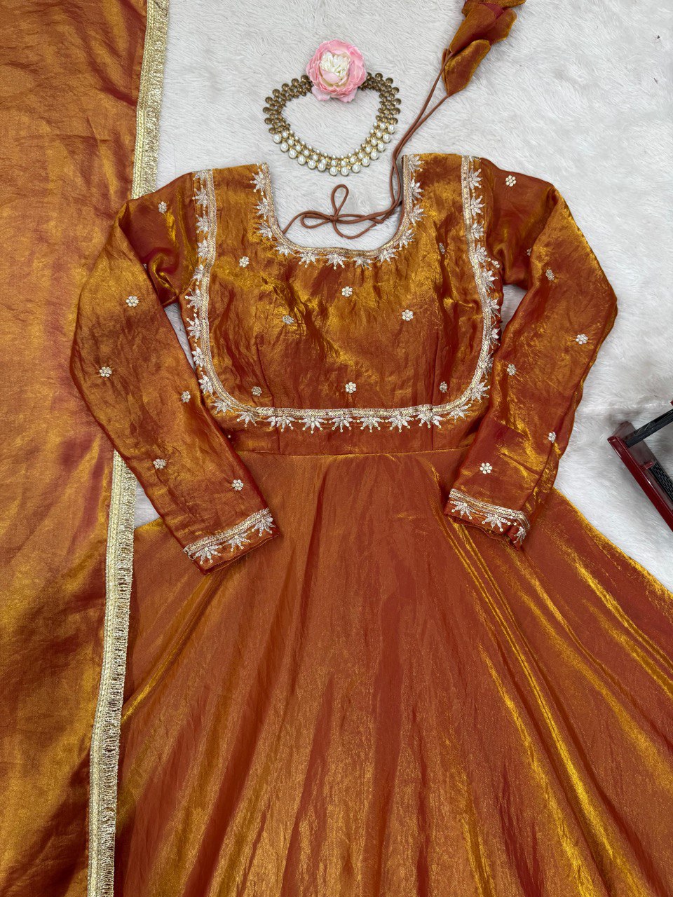 New Arrival Fendi Silk Thread & Sequence Work Gown Bottom With Dupatta