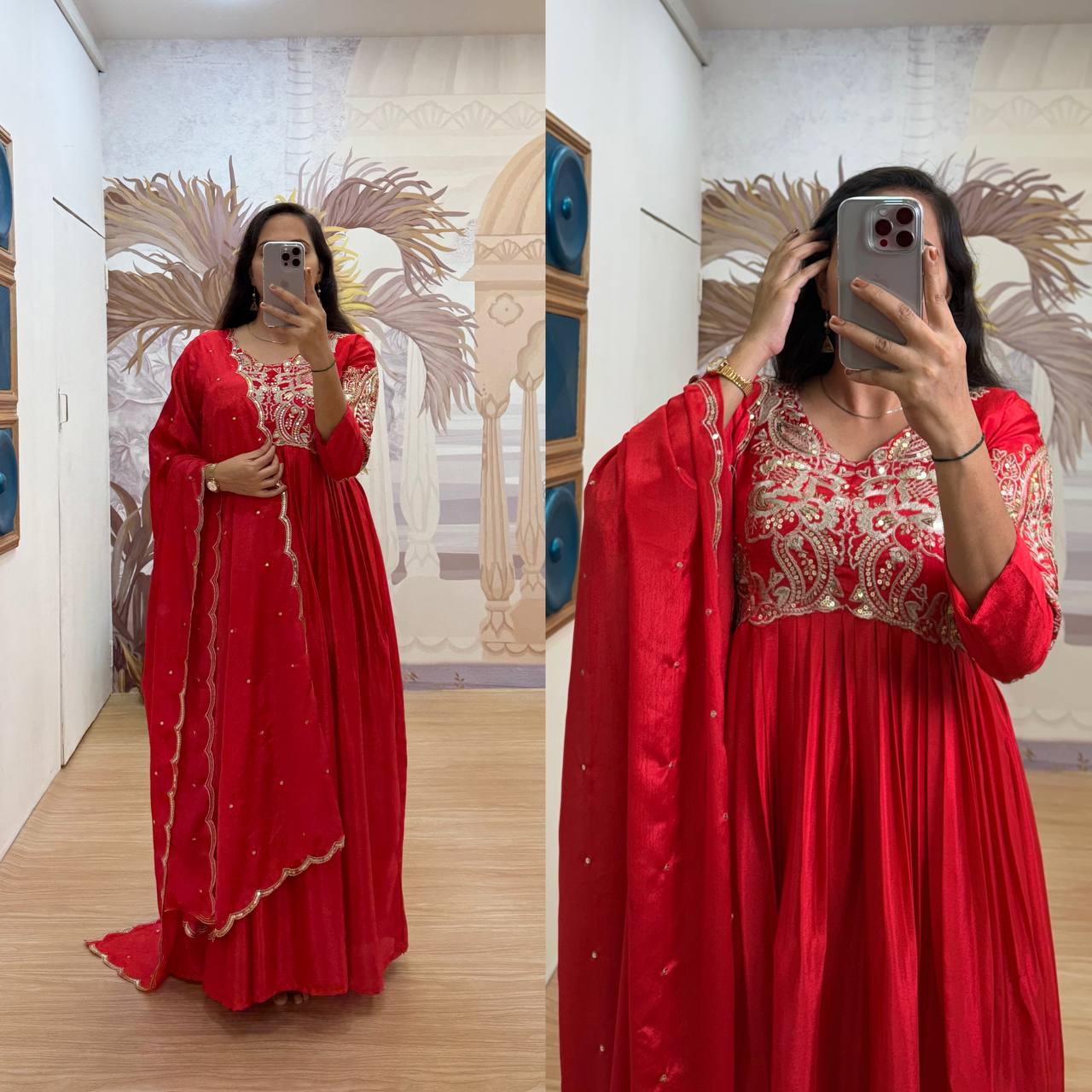 Red Colour Chinon Silk Embroidary Worked Beautiful Gown