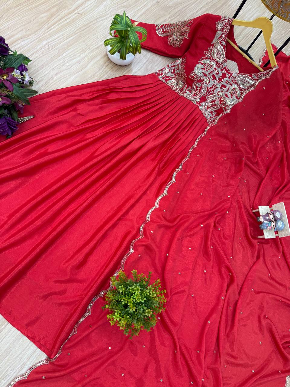 Red Colour Chinon Silk Embroidary Worked Beautiful Gown